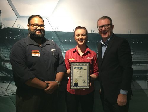 2017 AVTES Awards winner AVTES Student of the Year Erin Stirling with Zagames Manager (left) and AVTES Trainer Peter Irvine (right)