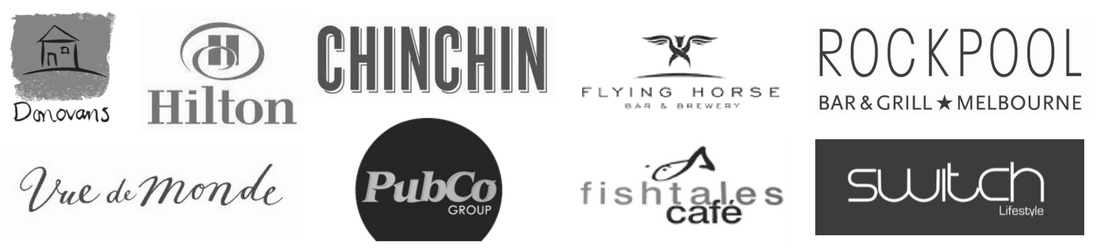 client logos donovans restaurant, hilton hotels, vue de monde, pubco group, chin chin, lucas group, flying horse, fishtales cafe, switch lifestyle venues, rockpool group